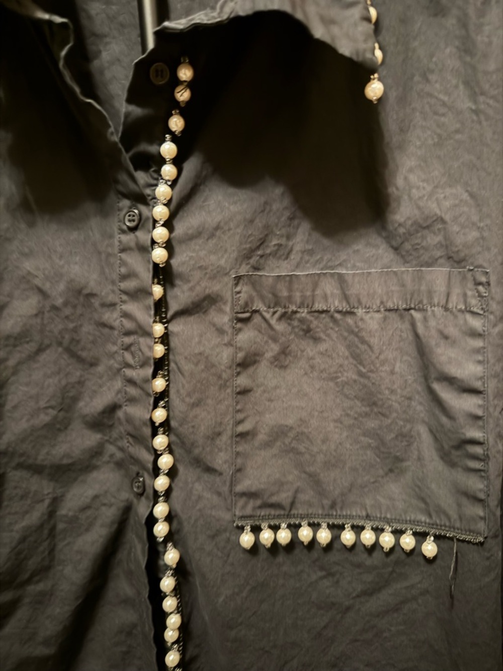 Black Button-Down Shirt with Pearl Trim - Picture 2 of 5